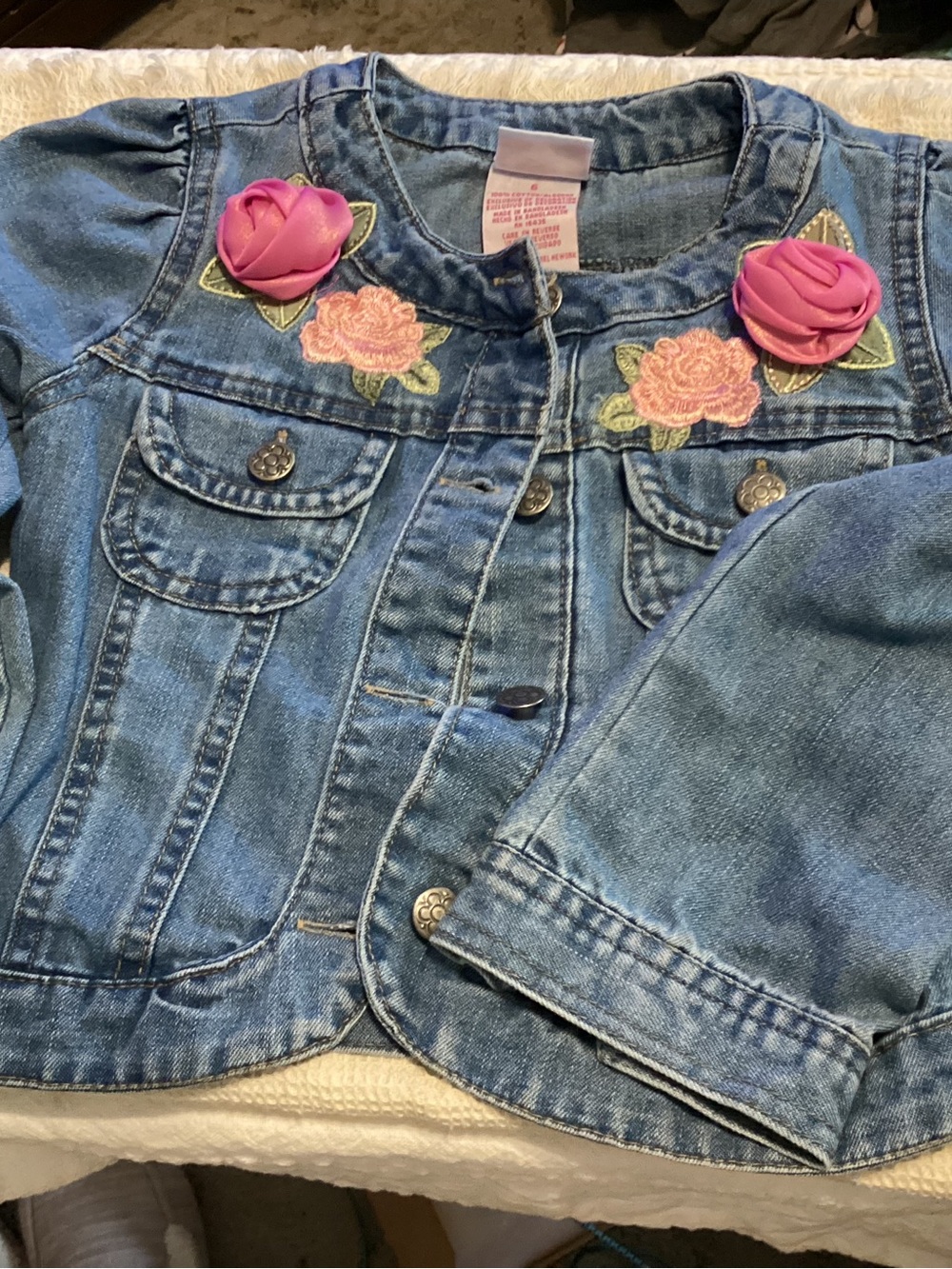 SZ 6 Girls' Blue Denim Jacket Pink Floral Appliqués